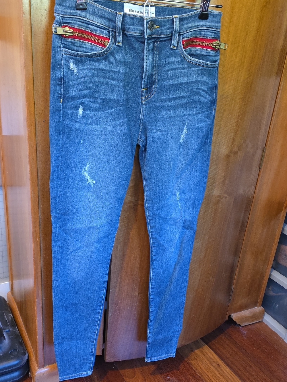 Etienne Marcel Women's Blue Skinny Jeans with Red Zip Pocket Detail